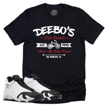 Load image into Gallery viewer, Deebo&#39;s Bike Shop Shirt | Air Jordan 14 Black Toe Sneaker Match Tee