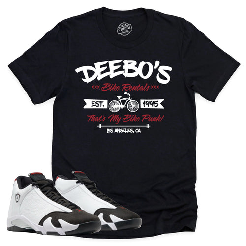 Deebo's Bike Shop Shirt | Air Jordan 14 Black Toe Sneaker Match Tee