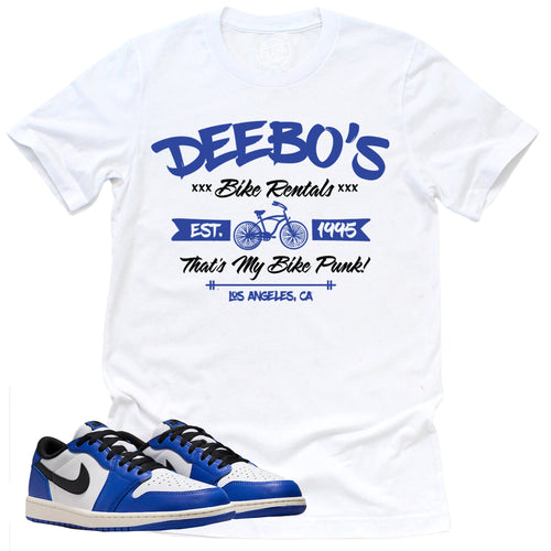 Deebo's Bike Shop Shirt | Retro Air Jordan 1 Low Game Royal Sneaker Match Tee