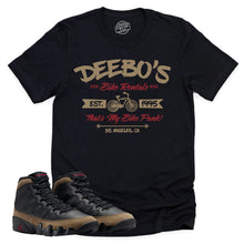 Load image into Gallery viewer, Deebo&#39;s Bike Shop Shirt | Retro Air Jordan 9 Olive Sneaker Match Tee