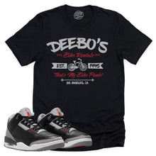 Load image into Gallery viewer, Deebo&#39;s Bike Shop Shirt | Retro Air Jordan 3 Black Cement Sneaker Match Tee