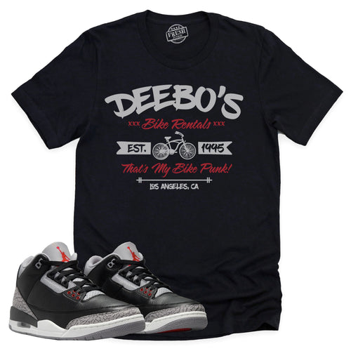 Deebo's Bike Shop Shirt | Retro Air Jordan 3 Black Cement Sneaker Match Tee