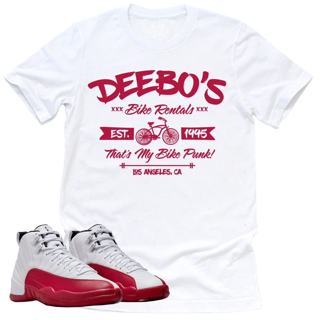 Deebo's Bike Shop Shirt | Retro Air Jordan 12 Cherry Red Sneaker Match Tee