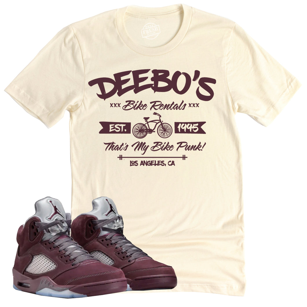 Deebo's Bike Shop Shirt | Air Jordan 5 Burgundy Sneaker Match Tee