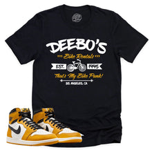 Load image into Gallery viewer, Deebo&#39;s Bike Shop Shirt | Retro Air Jordan 1 Yellow Ochre Sneaker Match Tee