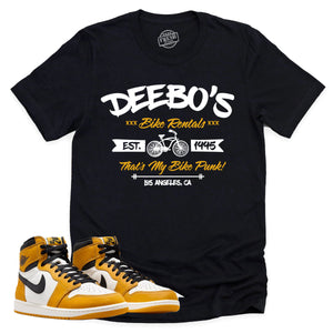 Deebo's Bike Shop Shirt | Retro Air Jordan 1 Yellow Ochre Sneaker Match Tee