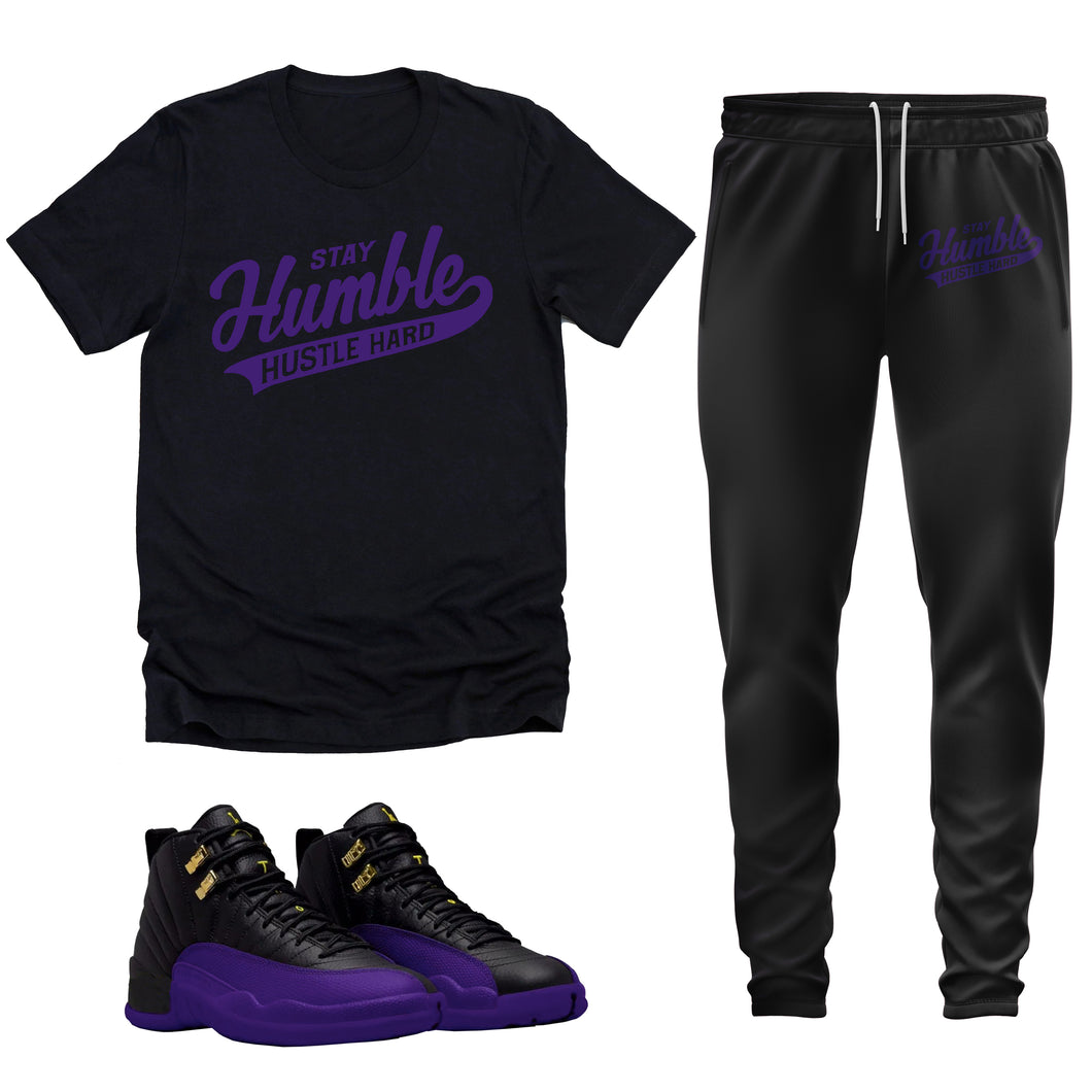 Stay Humble Hustle Hard | Retro Air Jordan 12 Field Purple Sneaker Match Tee & Jogger Set