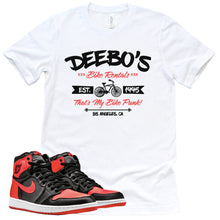 Load image into Gallery viewer, Deebo&#39;s Bike Shop Shirt | Retro Air Jordan 1 Satin Bred Sneaker Match Tee