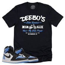 Load image into Gallery viewer, Deebo&#39;s Bike Shop Shirt | Retro Air Jordan 1 UNC Toe Sneaker Match Tee