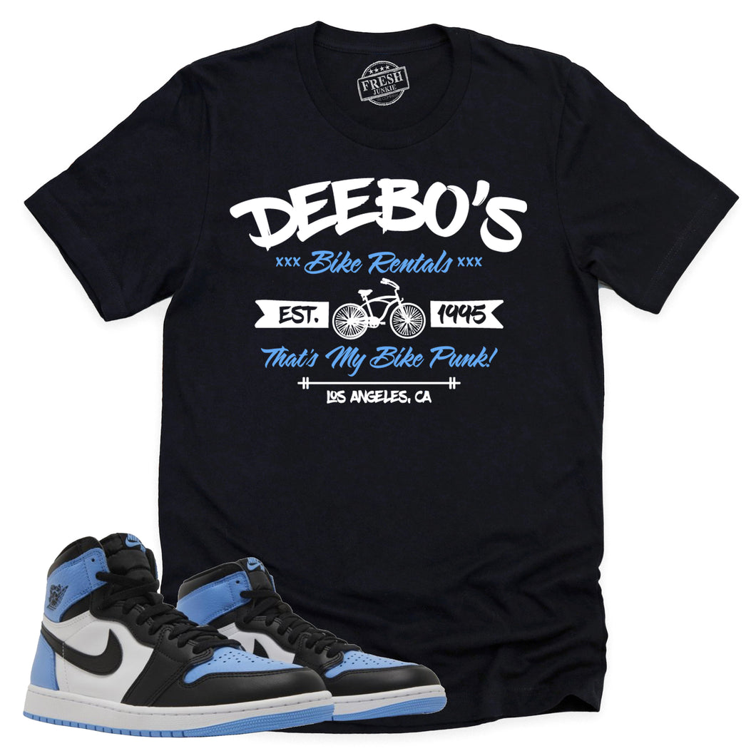 Deebo's Bike Shop Shirt | Retro Air Jordan 1 UNC Toe Sneaker Match Tee