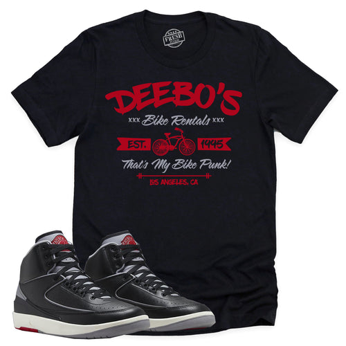 Deebo's Bike Shop Shirt | Retro Air Jordan 2 Black Cement Sneaker Match Tee