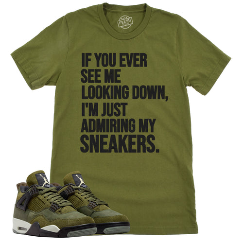 Admiring My Sneakers Shirt | Retro Air Jordan 4 Craft Olive Sneaker Match Tee