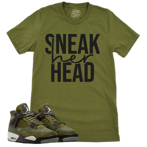 SneakHER Head Shirt | Retro Air Jordan 4 Craft Olive Sneaker Match Tee