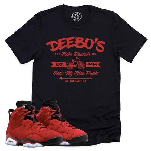 Deebo's Bike Shop Shirt | Retro Air Jordan 6 Toro Bravo Sneaker Match Tee