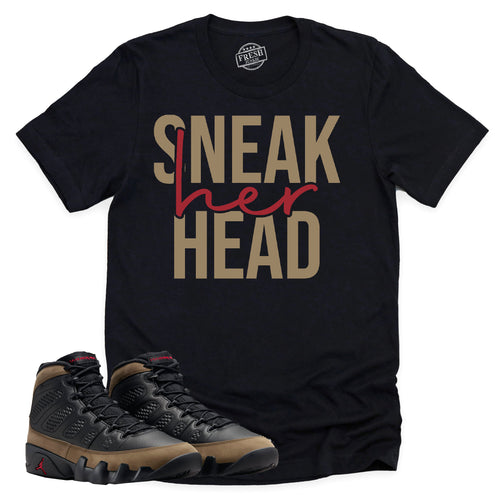 SneakHER Head Shirt | Retro Air Jordan 9 Olive Sneaker Match Tee