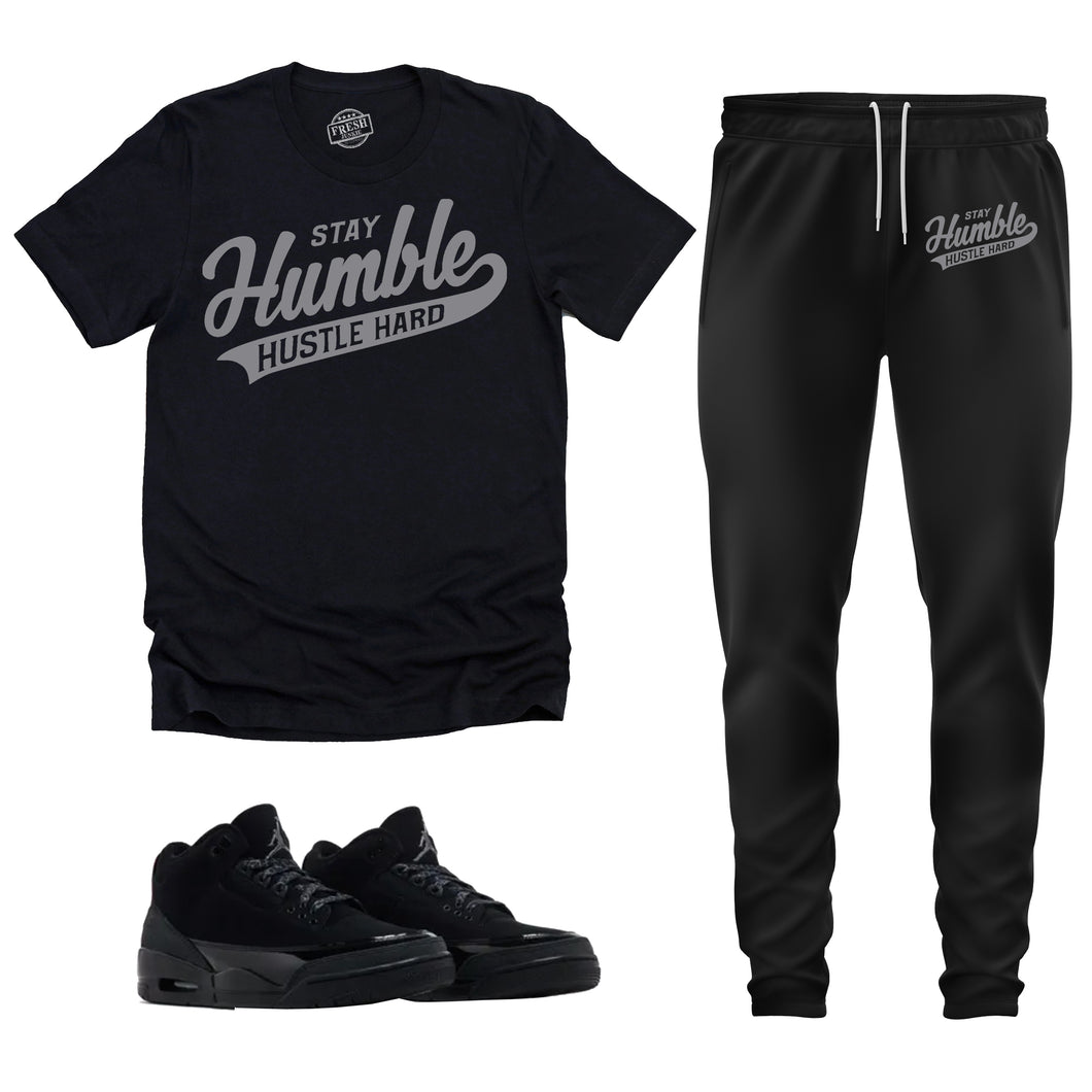 Stay Humble Hustle Hard | Retro Air Jordan 3 Black Cat Match Tee & Jogger Set