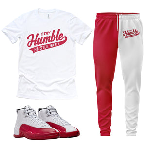 Stay Humble Hustle Hard | Retro Air Jordan 12 Cherry Red Sneaker Match Tee & Jogger Set