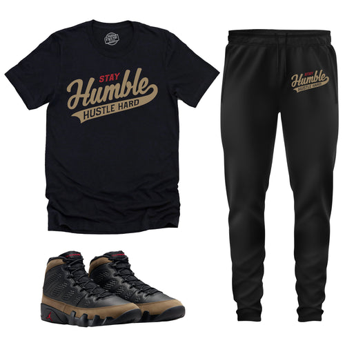 Stay Humble Hustle Hard | Retro Air Jordan 9 Olive Sneaker Match Tee & Jogger Set