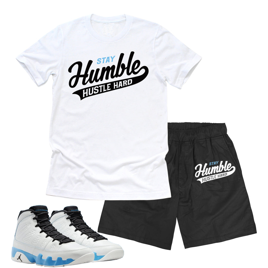 Stay Humble Hustle Hard | Retro Air Jordan 9 Powder Blue Sneaker Match Tee & Short Set