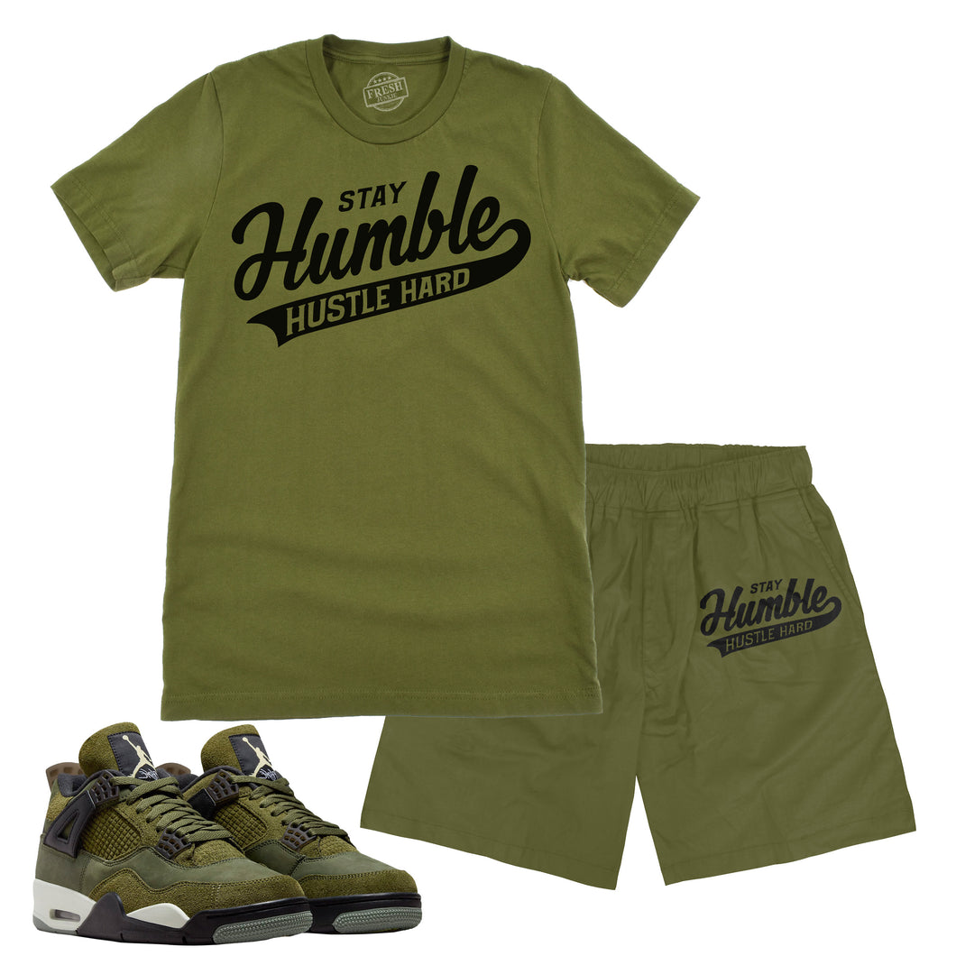 Stay Humble Hustle Hard | Retro Air Jordan 4 Craft Olive Sneaker Match Tee & Short Set