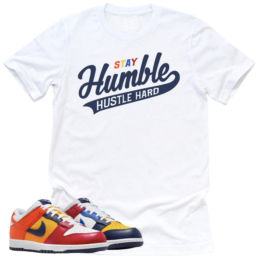 Stay Humble Hustle Hard Shirt | Retro Dunk Low Midnight Navy And Varsity Red Sneaker Match Tee