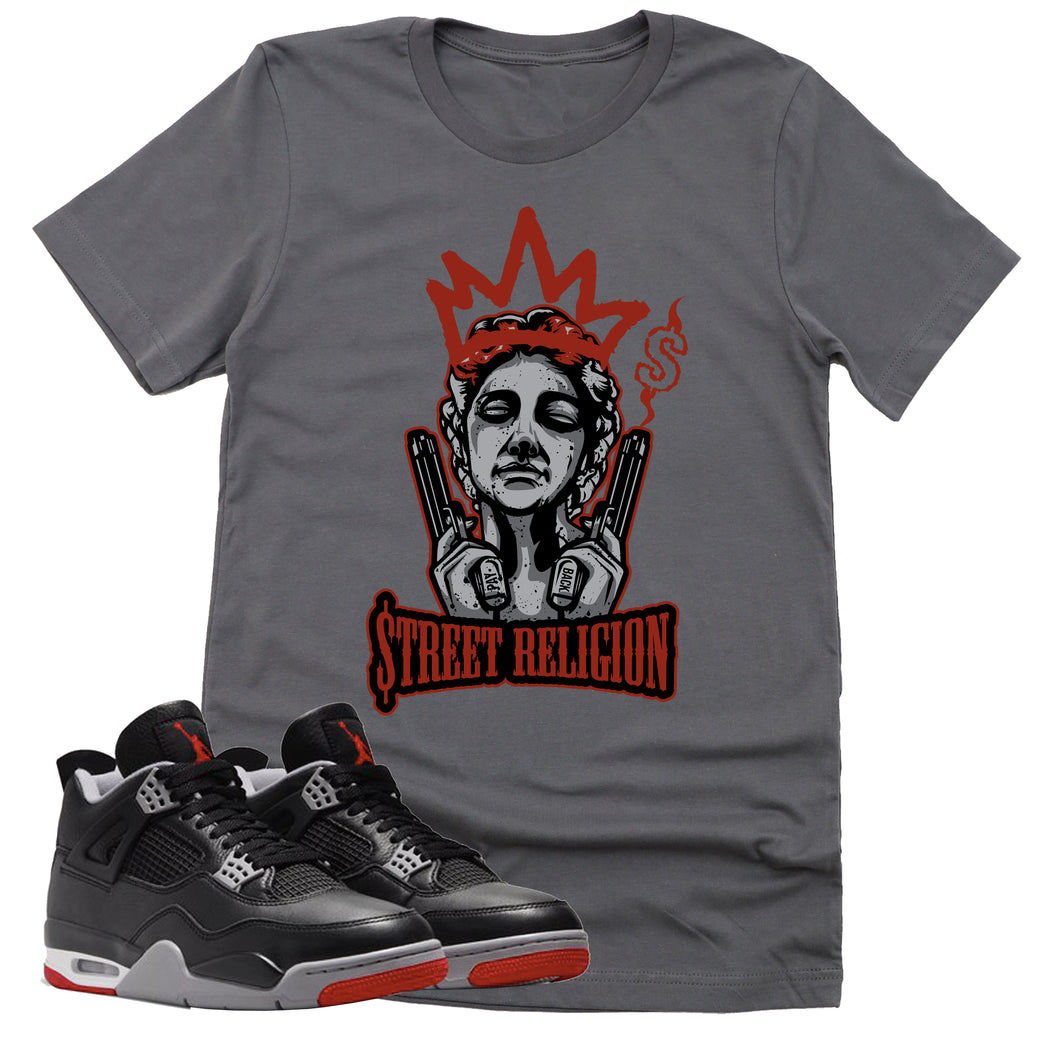 Street Religion Shirt | Retro Air Jordan 4 BRED Reimagined Sneaker Match Tee