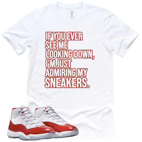 Admiring My Sneakers | Retro Air Jordan 11 Cherry Red Sneaker Match Tee