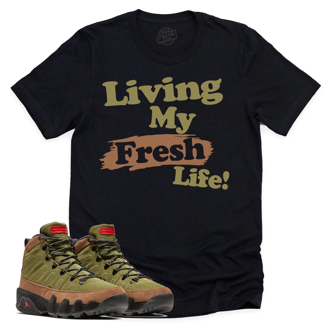 Living My Fresh Life Shirt | Retro Air Jordan 9 NRG Beef And Broccoli Sneaker Match Tee